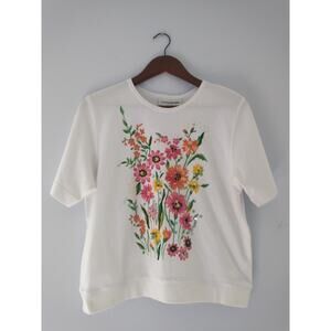 Vintage Women's Floral White Shirt Medium Beaded Boxy Sparkle Grannycore